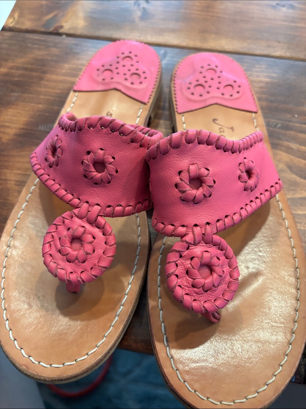 Jack Rogers Pink Leather Whipstitch Toe-Post Sandals
